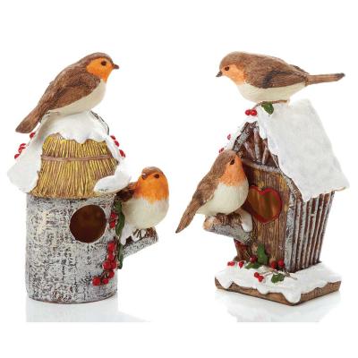 20CM Robin On Birdhouse Polyresin Ornament - Straw Roof