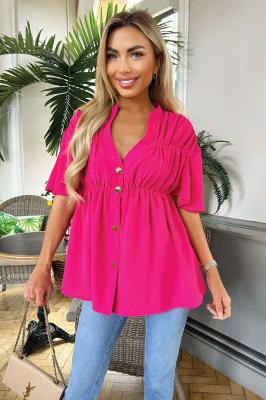 AX Paris Button Up Ruched Detail Smock Top - Hot Pink