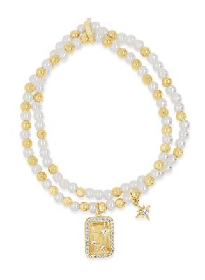 Absolute Double Row Bracelet with Rectangle Charm - Pearl/Gold